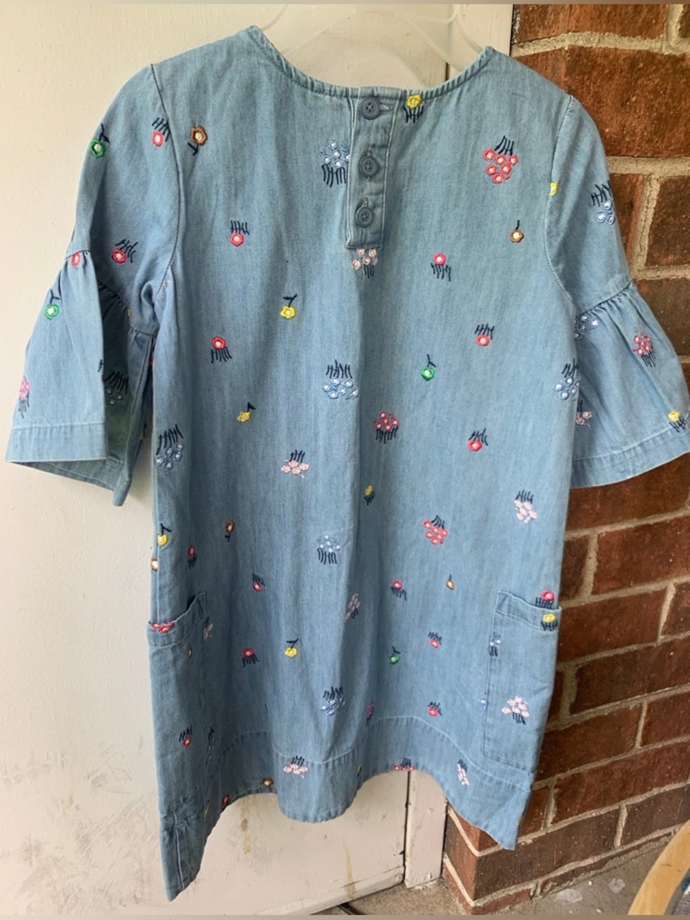 Girls' Light Blue Embroidered Denim Dress with Bell Sleeves - Picture 2 of 2